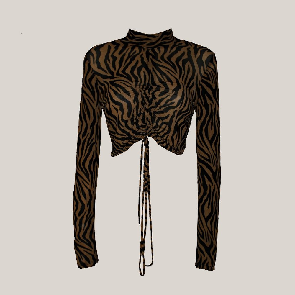 Zimbabwe long sleeve mesh brown zebra print drawstring crop top